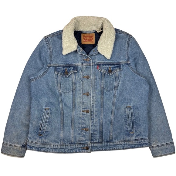 Levi's Denim Trucker Jacket Womens Plus 1X Blue Sherpa Quilted Button Front Chic - Picture 2 of 16